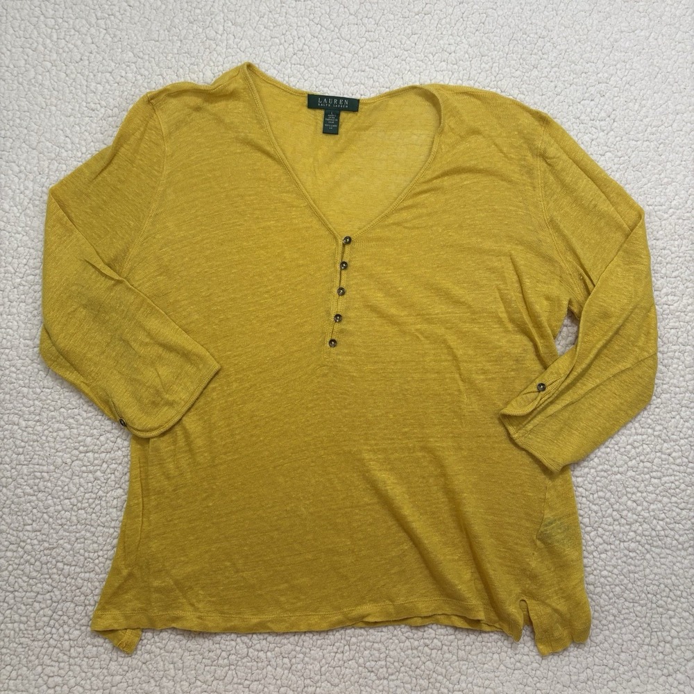 Lauren Ralph Lauren Womens L Henley 100% Linen Mustard Slub 3/4 Sleeve Blouse
